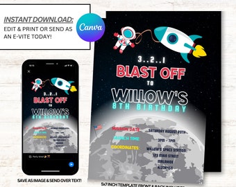 Space Birthday Invitation, Outer Space Invitations, Astronaut Invites, Instant Download