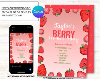 Berry First Birthday Invitation, Berry First Invitations, Strawberry Birthday Invites - Téléchargement immédiat