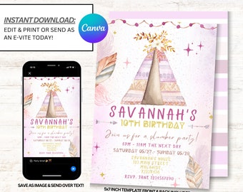 Op de afbeelding: Printbare uitnodiging voor een slaapfeestje voor een 10e verjaardag. De uitnodiging toont een roze en paarse tipi met gouden accenten en een bloemenmotief. De tekst op de uitnodiging luidt "Savannah's 10th Birthday" en bevat details over het feest, inclusief datum, tijd en RSVP-informatie.