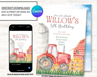 May include: A printable 5x7 inch invitation for a 5th birthday party with a farm theme. The invitation features a red tractor, a silo, a red barn, and green grass. The text on the invitation reads "Join us to celebrate Willow's 5th Birthday".
