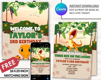 Dinosaur Invitations, Dinosaur 3rd Birthday Invitation, Dinosaur Birthday Party Invites, Instant Download