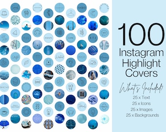 100 Blue Instagram Story Highlight Covers - Canva Editable Instagram Templates - IG Story - Blue/Aesthetic - Instagram Highlights