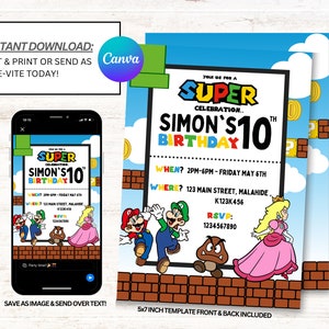 Super Mario Bros Birthday Invitation, Mario Invitation, Super Mario Invitations, Instant Download