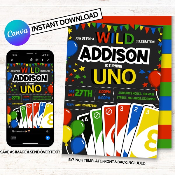 Uno uitnodiging, Uno verjaardagsuitnodigingen, Uno uitnodigingen voor een feest, direct downloaden