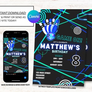 Laser Tag and Bowling Invitation, LaserTag Party Invitations, Bowling Invites, Instant Download