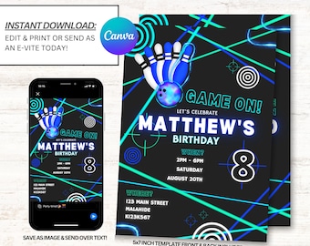 Laser Tag and Bowling Invitation, LaserTag Party Invitations, Bowling Invites, Instant Download