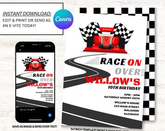 Race Car Invitations, Racecar Invitation, Racecar Invites, Instant Download