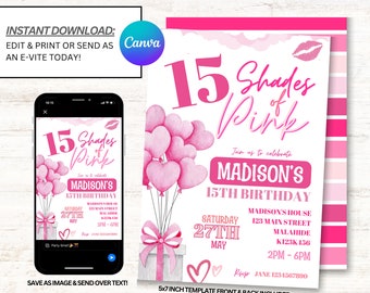 Shades of Pink Invitations, Shades of Pink Birthday Invites, Shades of Pink Invitation, Instant Download