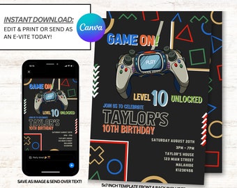 Video Games Invite, Video Game Invitation, Gaming Arcade Party Invitations, instant Download