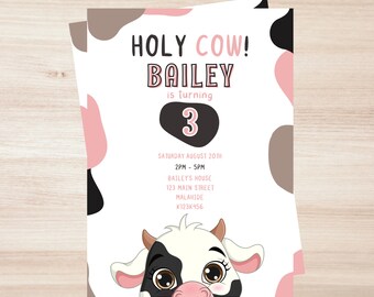 Holy Cow Invitation Farm Animals Barnyard Farm Farming Theme Birthday Party Invite, Editable Template
