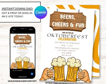 May include: Oktoberfest invitation template with the text "Beers, Cheers & Fun." The design includes illustrations of beer mugs and the event details. The template is 5x7 inches and can be edited and printed.