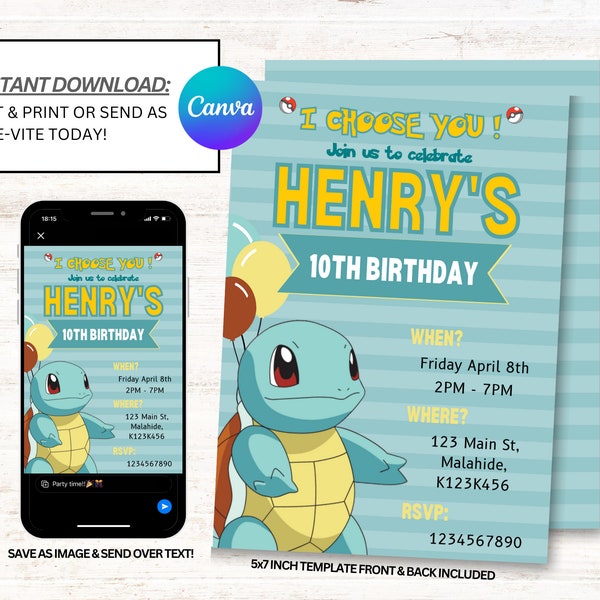 Squirtle Invitations, Pokemon Invitations, Pokemon Birthday Invites, Instant Download