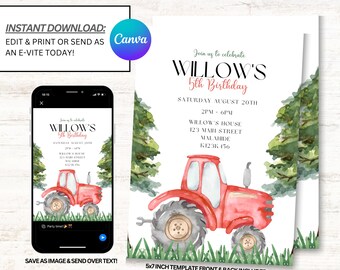May include: A printable 5x7 inch invitation template for a 5th birthday party. The invitation features a red tractor with a green grass background and the text "Join us to celebrate Willow's 5th Birthday".