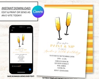 Paint and Sip Invitation, Paint and Prosecco Invite, Painting Birthday Party, Editable Printable Template