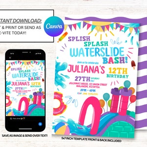 Waterslide Invitations, Waterslide Birthday Invitation, Water Slide Party Invites, Instant Download