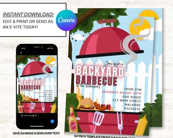 BBQ Invitation, BBQ Invites. Backyard BBQ Party Invitations, Instant Download