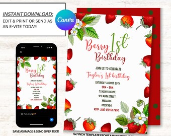 Berry First Birthday Invitation, Berry First Invitations, Strawberry Birthday Invites - Téléchargement immédiat