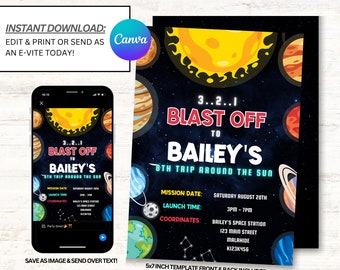 Space Birthday Invitation, Outer Space Invitations, Astronaut Invites, Instant Download