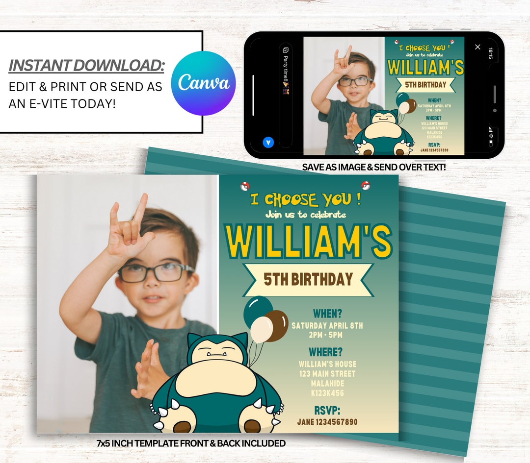 Snorlax Invitations, Pokemon Invitations, Pokemon Birthday Invites ...