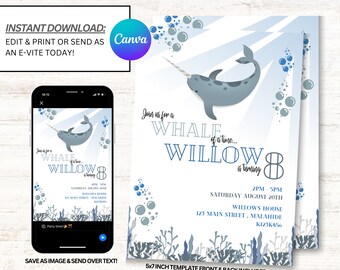 Puede incluir: Una invitación imprimible azul y blanca para una fiesta de cumpleaños infantil de 8 años. La invitación presenta una narval nadando a través de una escena oceánica azul y blanca. El texto de la invitación dice "Join us for a whale of a time... Willow is turning 8".