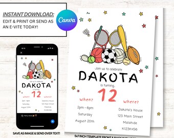 Sport verjaardagsfeestje uitnodiging, sport uitnodigingen, All Star nodigt, Instant Download