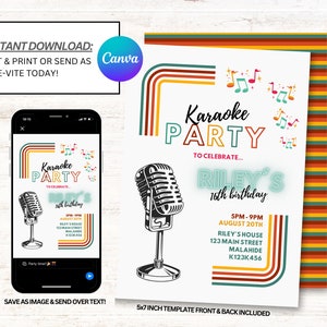 Karaoke Party Invite, Karaoke Birthday Invitation, Instant Download