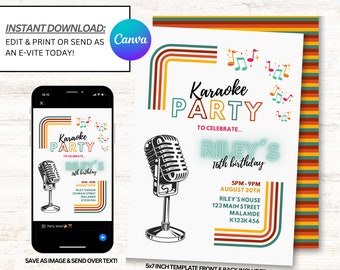 Karaoke Invitation, Karaoke Party Birthday Invitation, Retro Karaoke ...