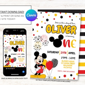 Mickey Mouse 1st Birthday Invitation, Mickey Mouse Invites, Mickey Mouse Invitations, Instant Download