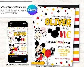 Mickey Mouse 1st Birthday Invitation, Mickey Mouse Invites, Mickey Mouse Invitations, Instant Download