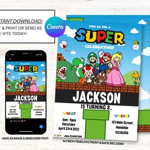 Super Mario Bros Birthday Invitation, Mario Invitation, Super Mario Invitations, Instant Download