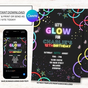 Glow Party Invitations, Glow Party Invites, Neon Glow Invitations, Instant Download