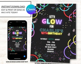 Glow Party Invitations, Glow Party Invites, Neon Glow Invitations, Instant Download