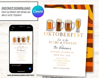 May include: An invitation to an Oktoberfest party with a gold and orange background. The invitation features a drawing of four beer mugs and a glass of beer. The text reads "Oktoberfest, Join us for Beers & Cheers at The Robinson's, Saturday October 1st from 5pm - Late, Our House 123 Main Street Malahide K123K456, RSVP 1234567890".