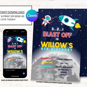 Space Birthday Invitation, Outer Space Invitations, Astronaut Invites, Instant Download