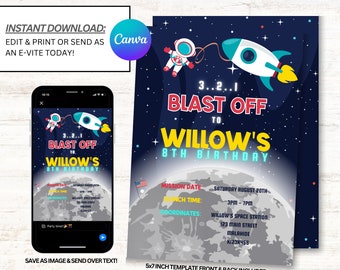 Space Birthday Invitation, Outer Space Invitations, Astronaut Invites, Instant Download