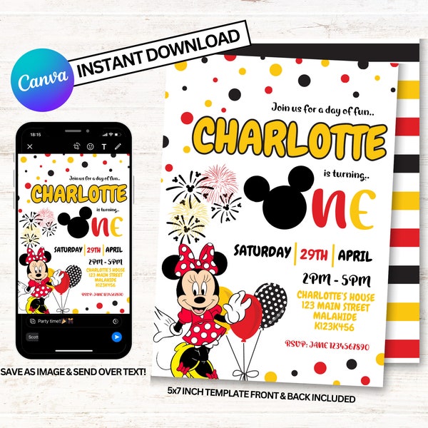 Minnie Mouse Invitation, Minnie Mouse First Birthday Invitation, Minnie Mouse Invitations, Instant Download