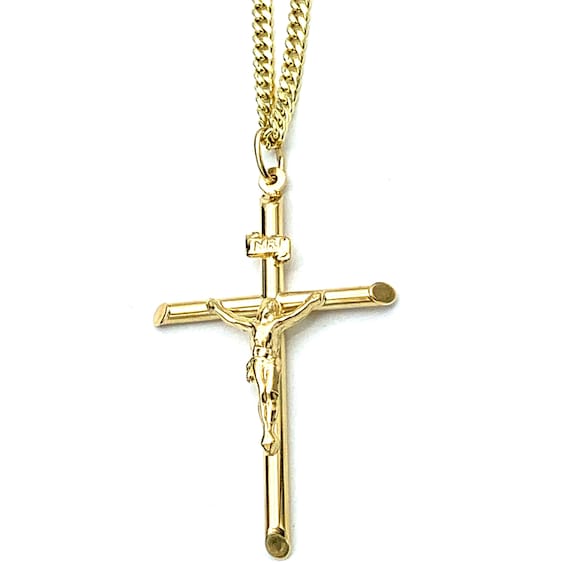 14K Yellow Gold Milgrain Fleur de Lis Cross Charm Catholic Pendant Cuban Concave Curb Necklace 14K Yellow Gold Milgrain Fleur de Lis Cross Charm Catholic Pendant Cuban Concave Curb Necklace