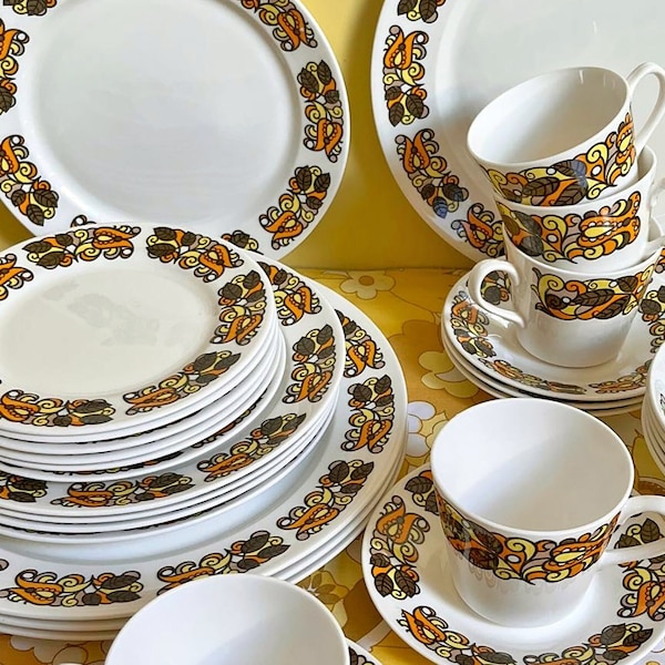 Ridgway Indian Summer bone china plates, bowls, cup & saucers, groovy retro 60s 70s orange yellow floral pattern, individually available