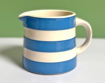 Vintage blue & white striped small Cornish ware jug, T G Green Cloverleaf milk creamer jug 8cm high