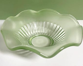 Art Deco Pale Green Frosted Glass Candy Bowl, Wavy Rim Dish