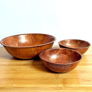 Woven wood bowls, set of 3, I large, 2 small hand made fruit, salad bowls, snack dishes retro wooden serving bowl