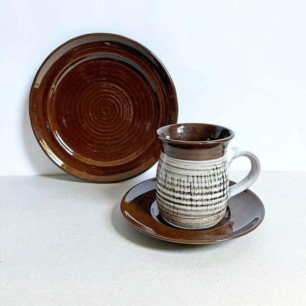Vintage studio pottery Skegness Pottery 'Mikado' cup, saucer & side plate 70s trios, cups, side plates, slipware earthenware tea coffee set