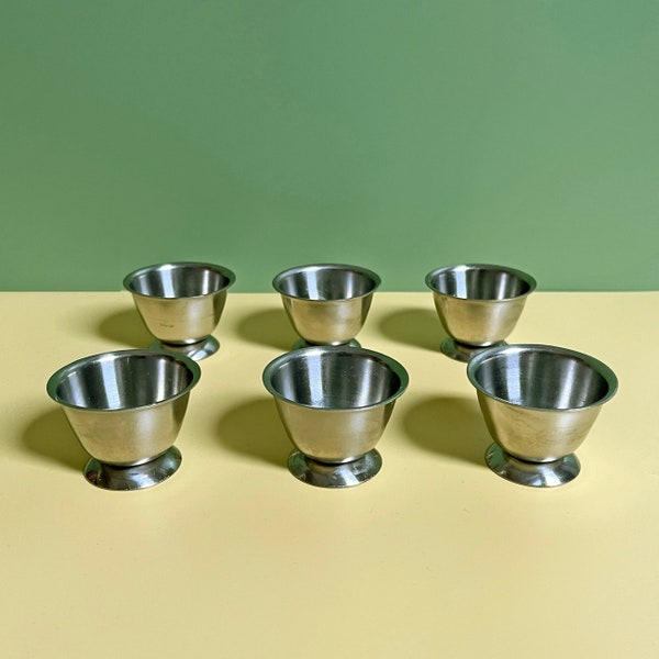 Midcentury egg cups set of 6 retro stainless steel bowls, Danish modernist design