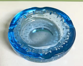 Mid Century Controlled Bubble Blue Glass Ashtray: Handmade Art Glass Dish