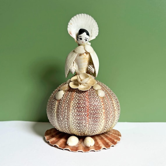 Vintage French Shell Art Lady Figurine with Sea Urchin Skirt