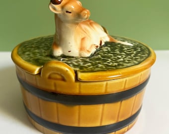 Round Reclining Cow Butter Dish: Secla Portugal Hand Painted Majolica