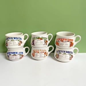 Vintage soup mug with recipe for Scotch Broth, Chicken, Onion or Mushroom Soup, individually sold handled bowl retro lettering 1970s 1980s