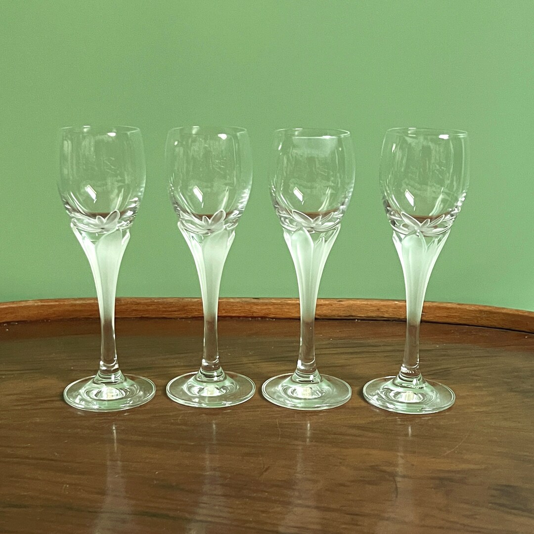 Tall Stem Liqueur Glasses Set of 4 Crystal Glass Frosted Flower Stem