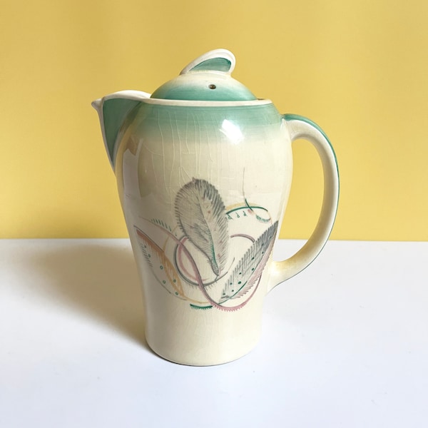 Susie Cooper Grey Leaf turquoise Art Deco lidded tall hot water jug, Crown Works Burslem 1930s design Kestrel shape