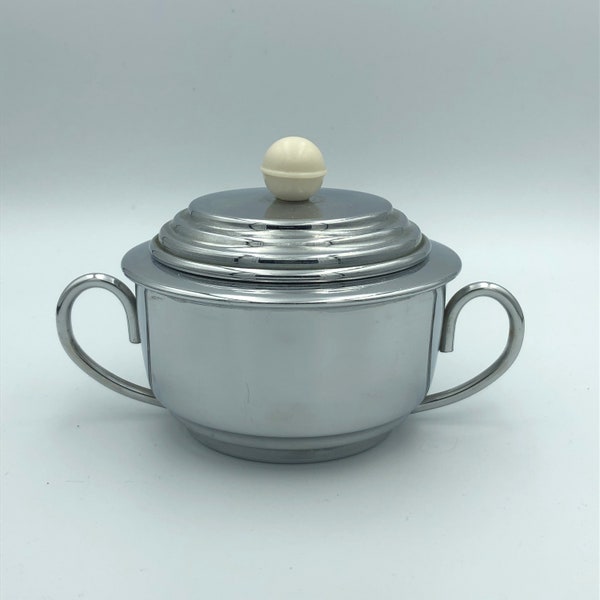 Art Deco chrome Heatmaster sugar bowl and lid with cream Bakelite handle